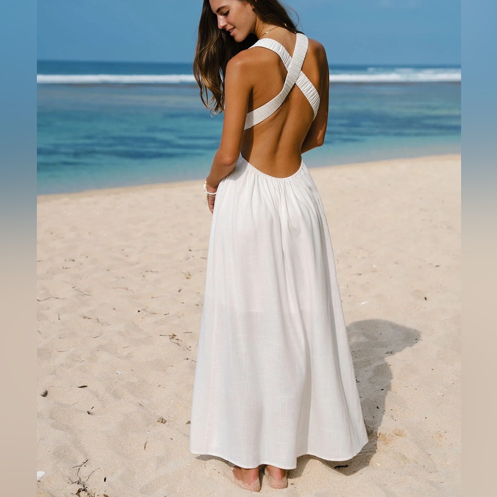 White Maxi Dress with Deep V-Neck - Elegant Beach Dress - Picture 6 of 9